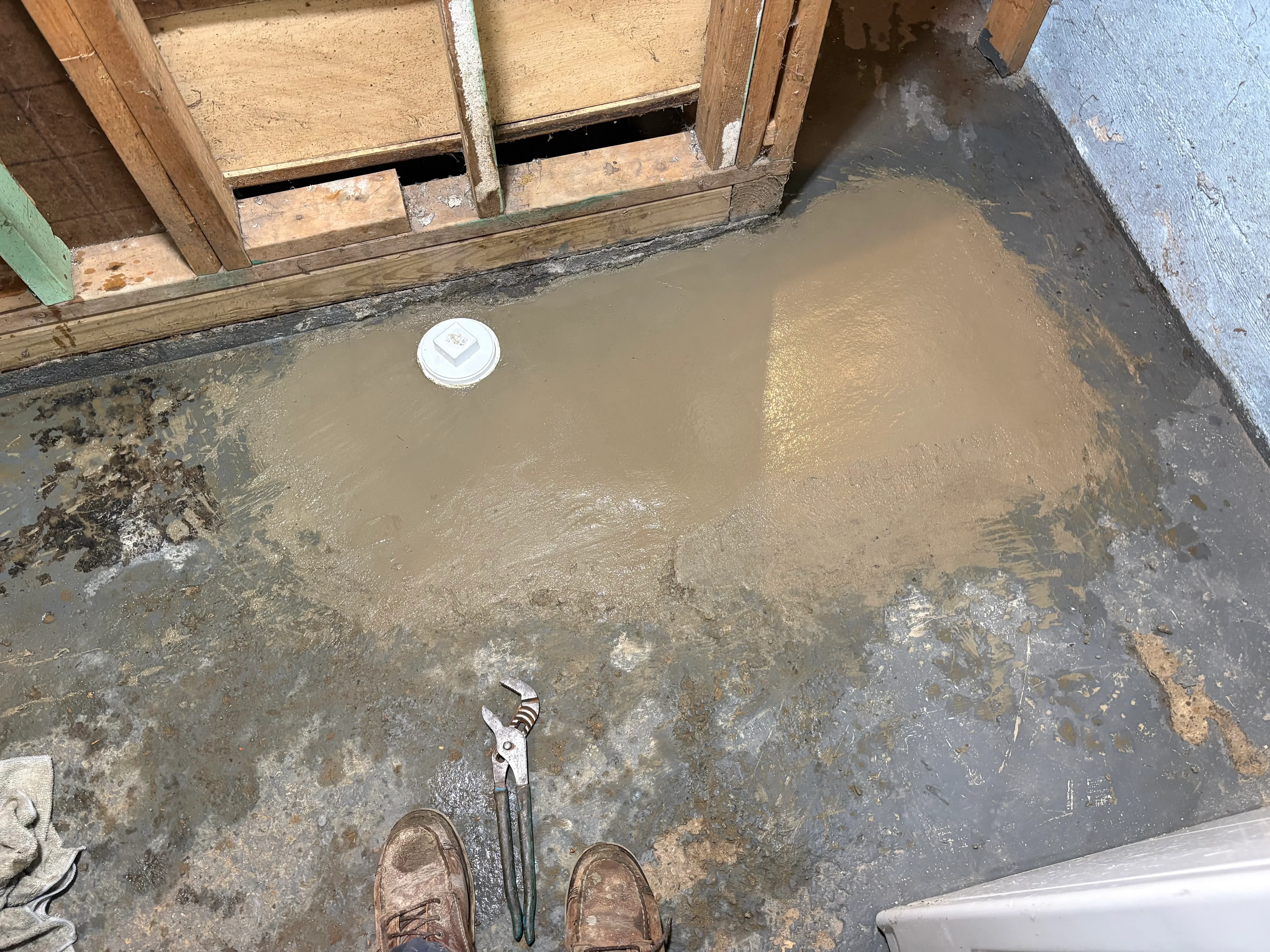 Basement floor with standing water and exposed wooden framing above