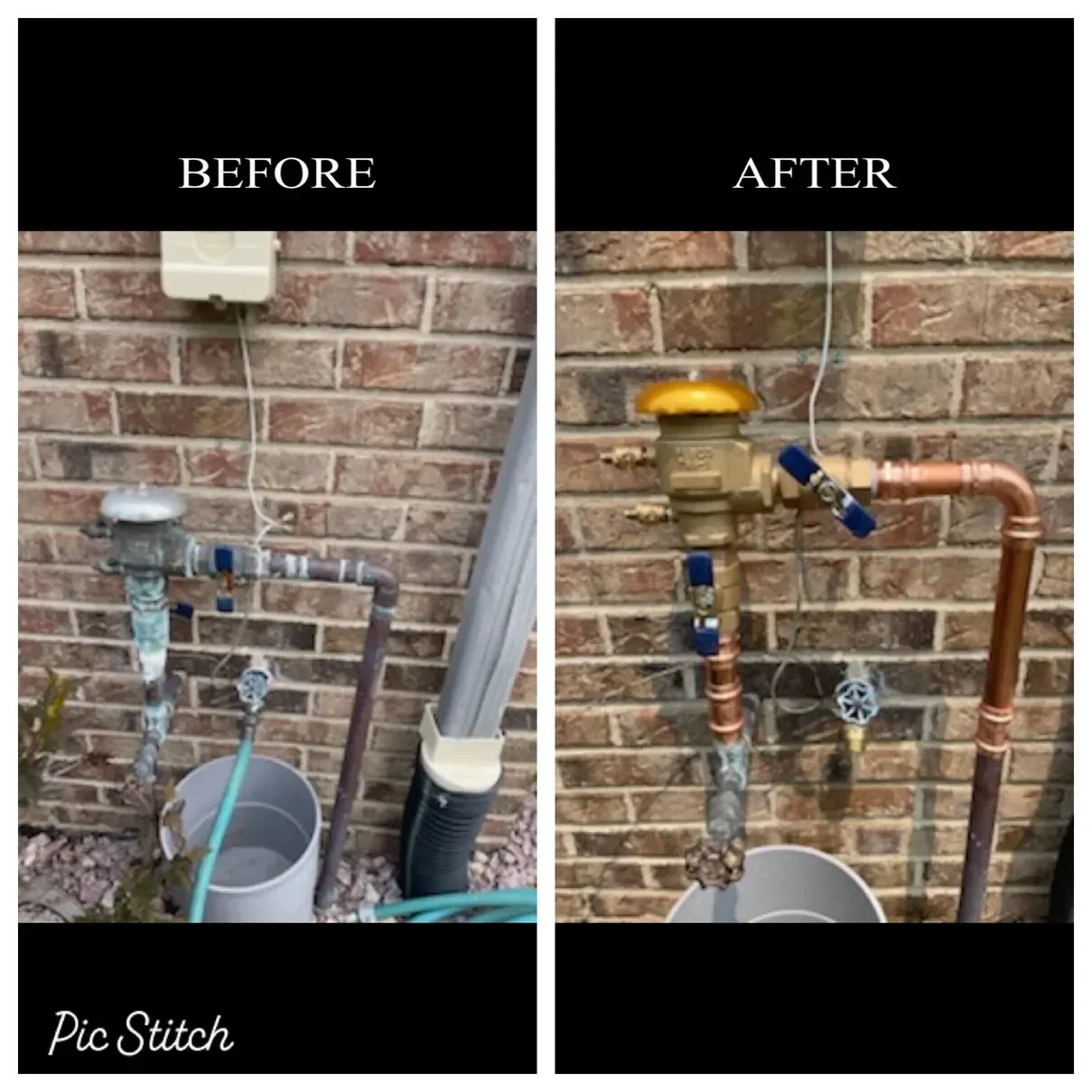 Copper water lines with brass valves and backflow preventer installed on brick wall