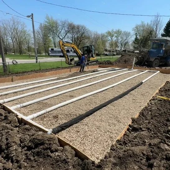 Septic system installation with concrete distribution lines, PVC piping, and gravel drainage field
