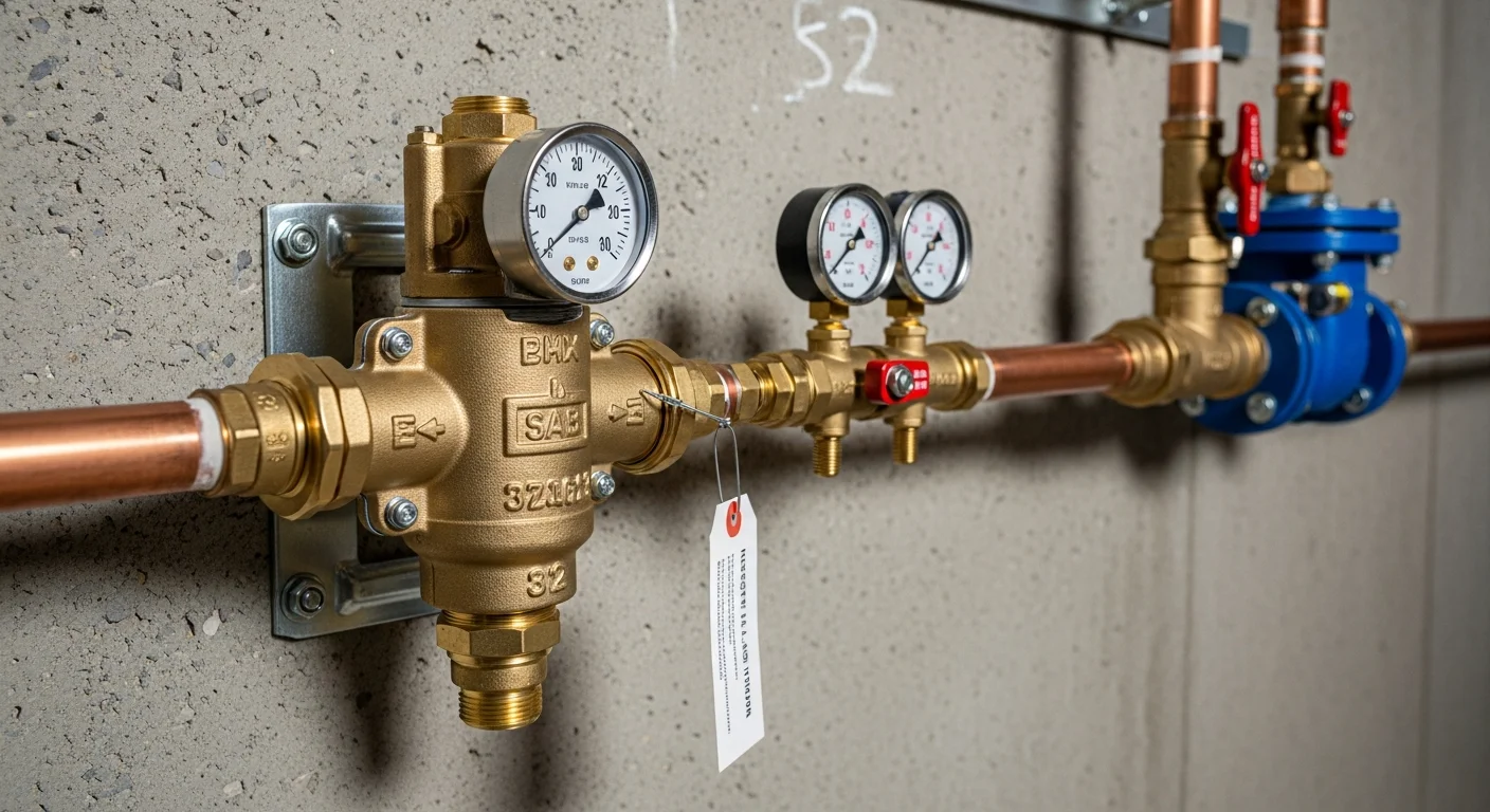 A Bennies Plumbing plumber installing a new backflow preventer on a water supply line at a Downriver Area, MI property. The device is mounted and connections are being secured.