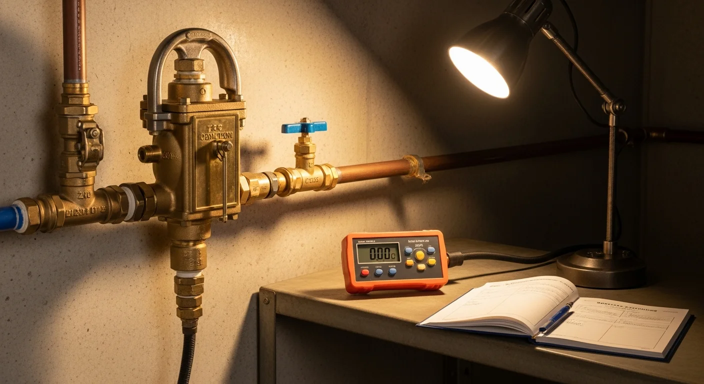 A Bennies Plumbing technician repairing a malfunctioning backflow preventer at a Downriver Area, MI property. The device is disassembled and replacement parts are staged nearby.