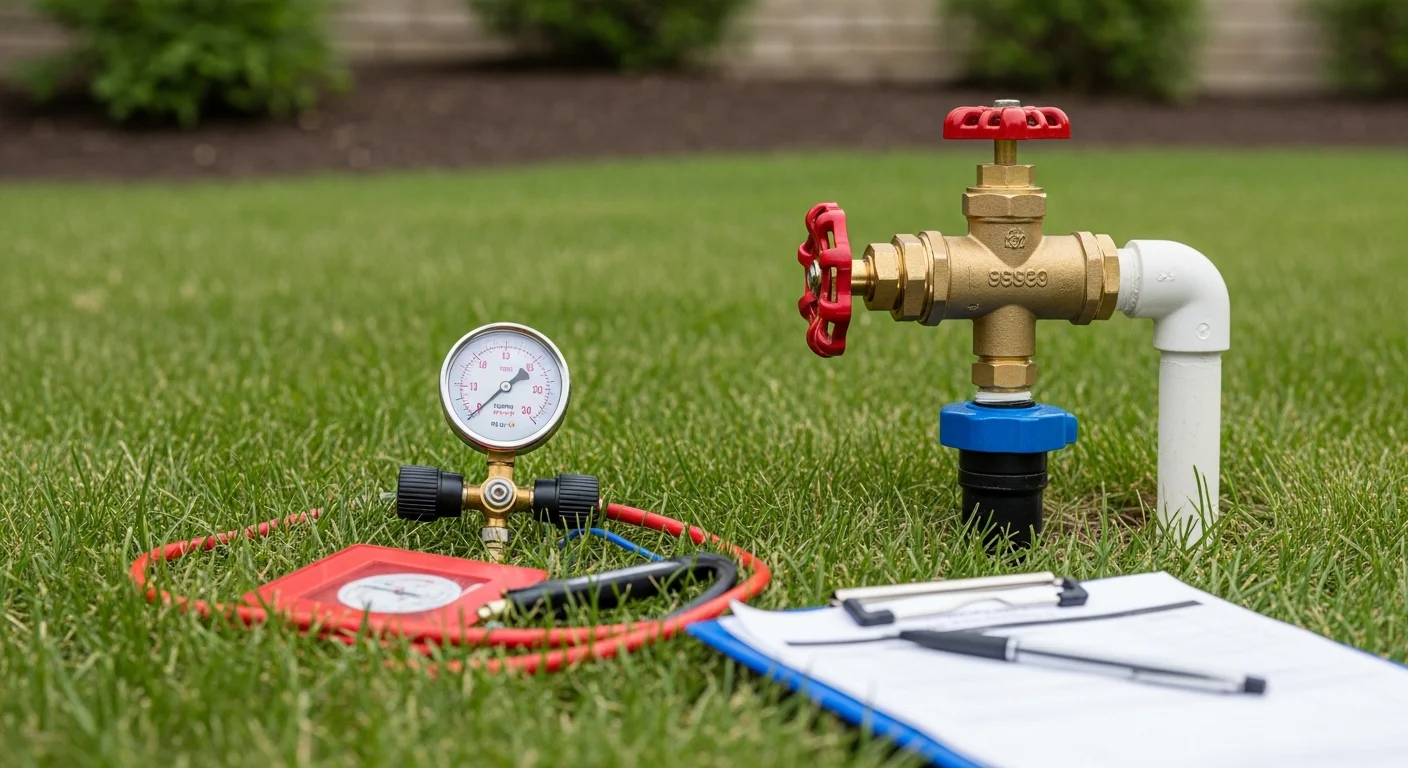 A Bennies Plumbing certified technician performing a backflow preventer test at a Downriver Area, MI property. Test gauges are connected to the device and readings are being recorded.