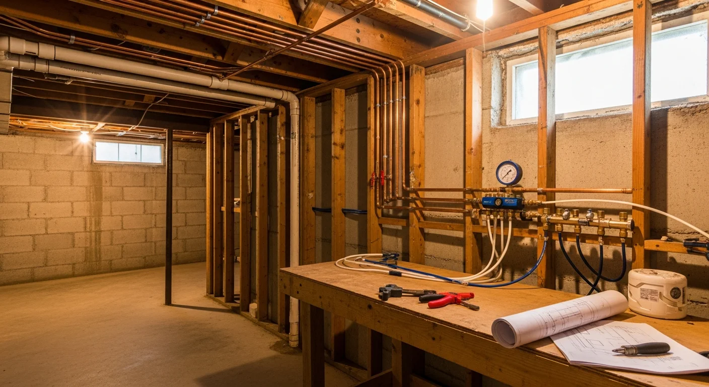 A Bennies Plumbing plumber replacing corroded galvanized pipes with new PVC and copper lines during a complete re-piping project in a Downriver Area, MI home.