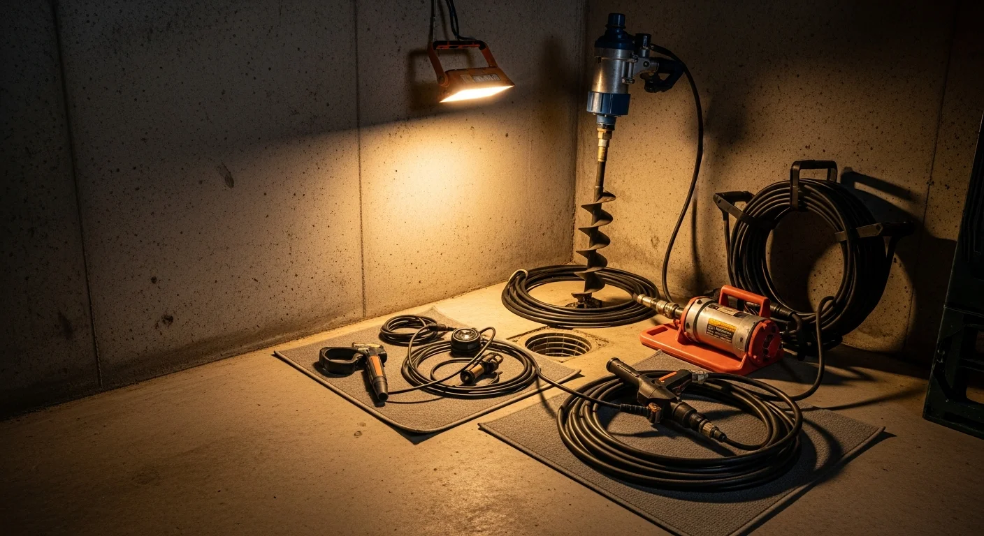 A Bennies Plumbing technician using a drain snake to clear a clogged kitchen drain in a Downriver Area, MI home. The drain access point is open and tools are staged nearby.