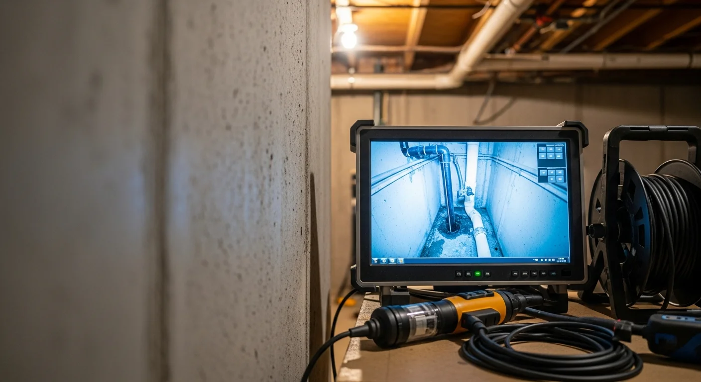 A Bennies Plumbing technician inserting a drain inspection camera into a cleanout access point at a Downriver Area, MI home to locate a blockage or pipe defect.