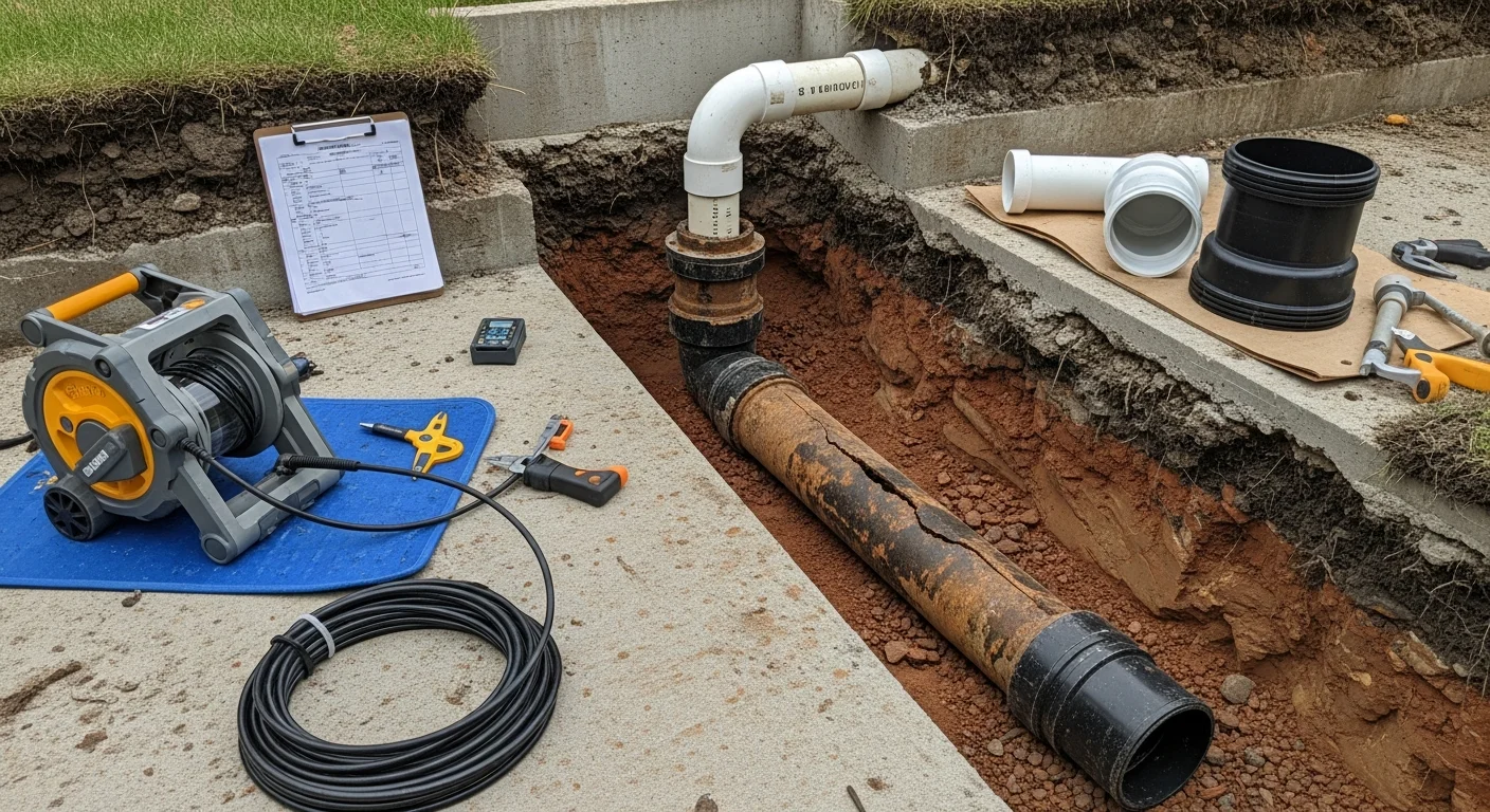 A Bennies Plumbing plumber repairing a cracked drain pipe beneath a bathroom sink in a Downriver Area, MI home. Replacement pipe sections and fittings are staged on the floor nearby.