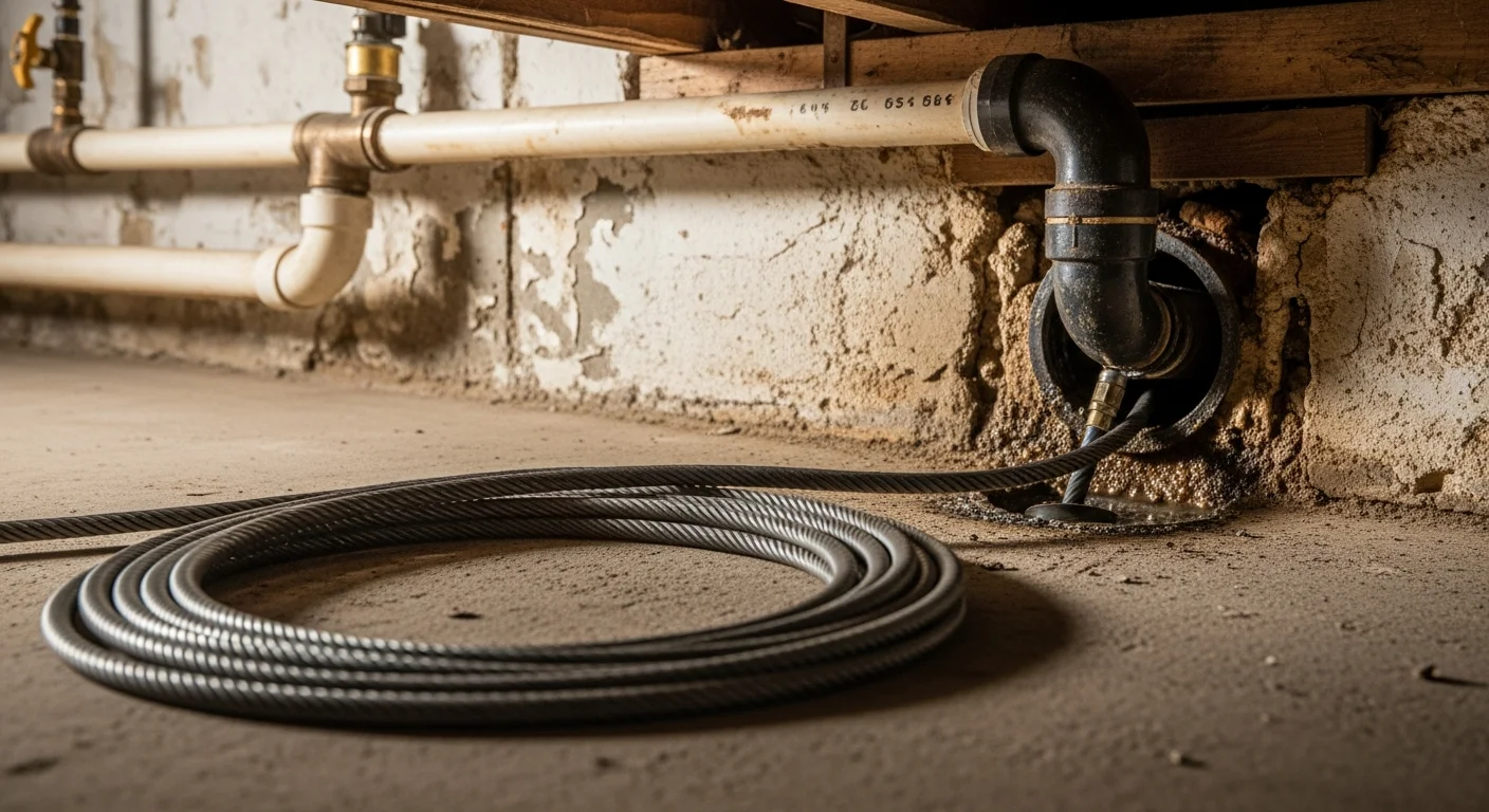 A Bennies Plumbing technician feeding a drain snake into a floor drain at a Downriver Area, MI home to clear a stubborn clog in the main drain line.