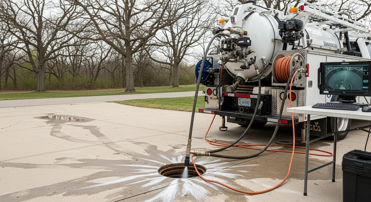 A Bennies Plumbing technician operating a hydro-jetting machine to clear a blocked sewer line at a Downriver Area, MI property. High-pressure water hose is inserted into the cleanout access point.