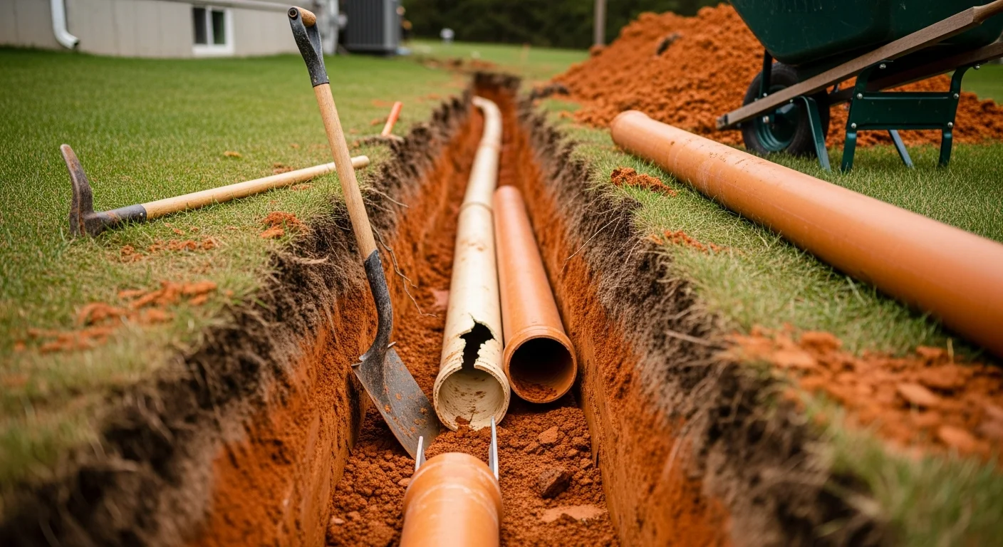 A Bennies Plumbing excavation crew digging a trench in a Downriver Area, MI yard to access a collapsed sewer line. Heavy equipment and safety barriers are visible at the work site.