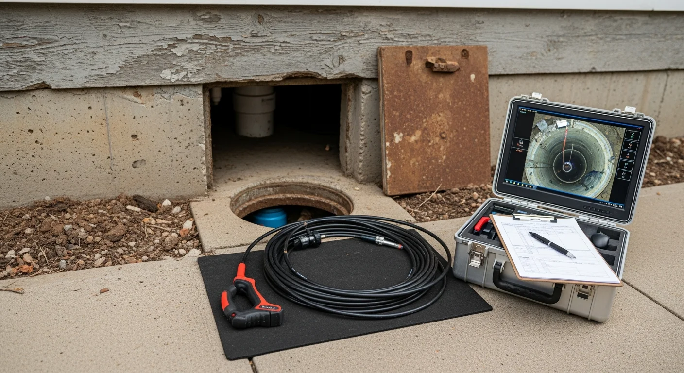 A Bennies Plumbing technician inserting a sewer camera into a cleanout access point at a Downriver Area, MI property to inspect the condition of the underground sewer line.