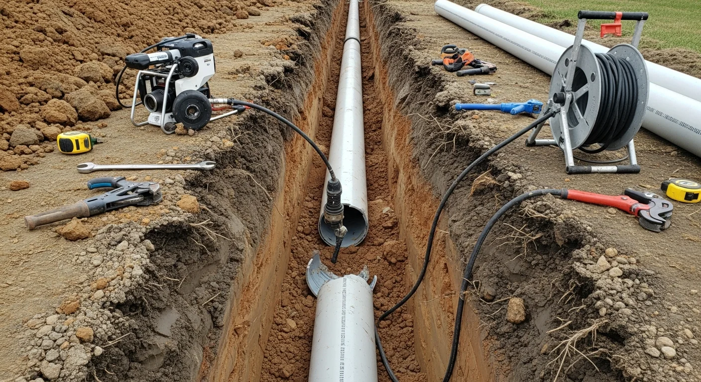 A Bennies Plumbing crew excavating a front yard in the Downriver Area, MI to access a damaged sewer line. An open trench exposes the old pipe for inspection and repair.