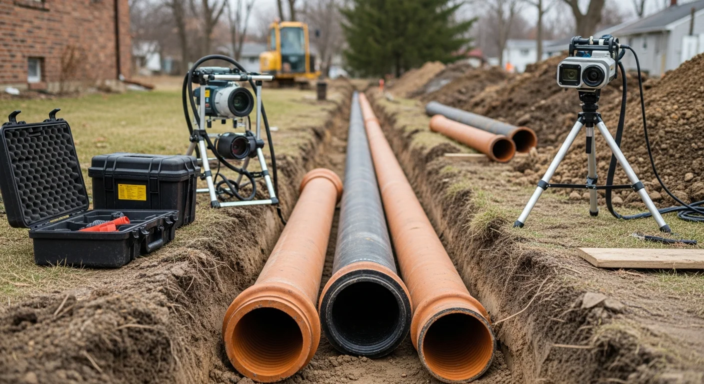 A Bennies Plumbing crew replacing a deteriorated sewer main in a Downriver Area, MI yard. New PVC pipe sections are staged beside the open trench ready for installation.