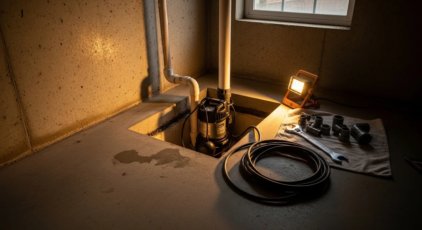 A Bennies Plumbing technician installing a new sump pump in a basement pit of a Downriver Area, MI home. The discharge line and float switch are visible, showing a complete sump pump system setup.