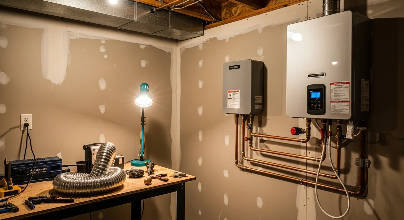 A wall-mounted tankless water heater installed in a utility room of a Downriver Area, Michigan home. A Bennies Plumbing technician checks the gas and water connections after completing the installation.