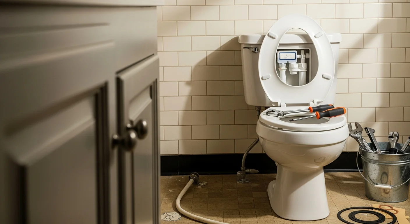 A licensed plumber from Bennies Plumbing inspecting the internal tank components of a residential toilet in a Downriver Area, MI bathroom. The toilet base and floor connection are visible, showing a standard repair setup in a Wayne County home.