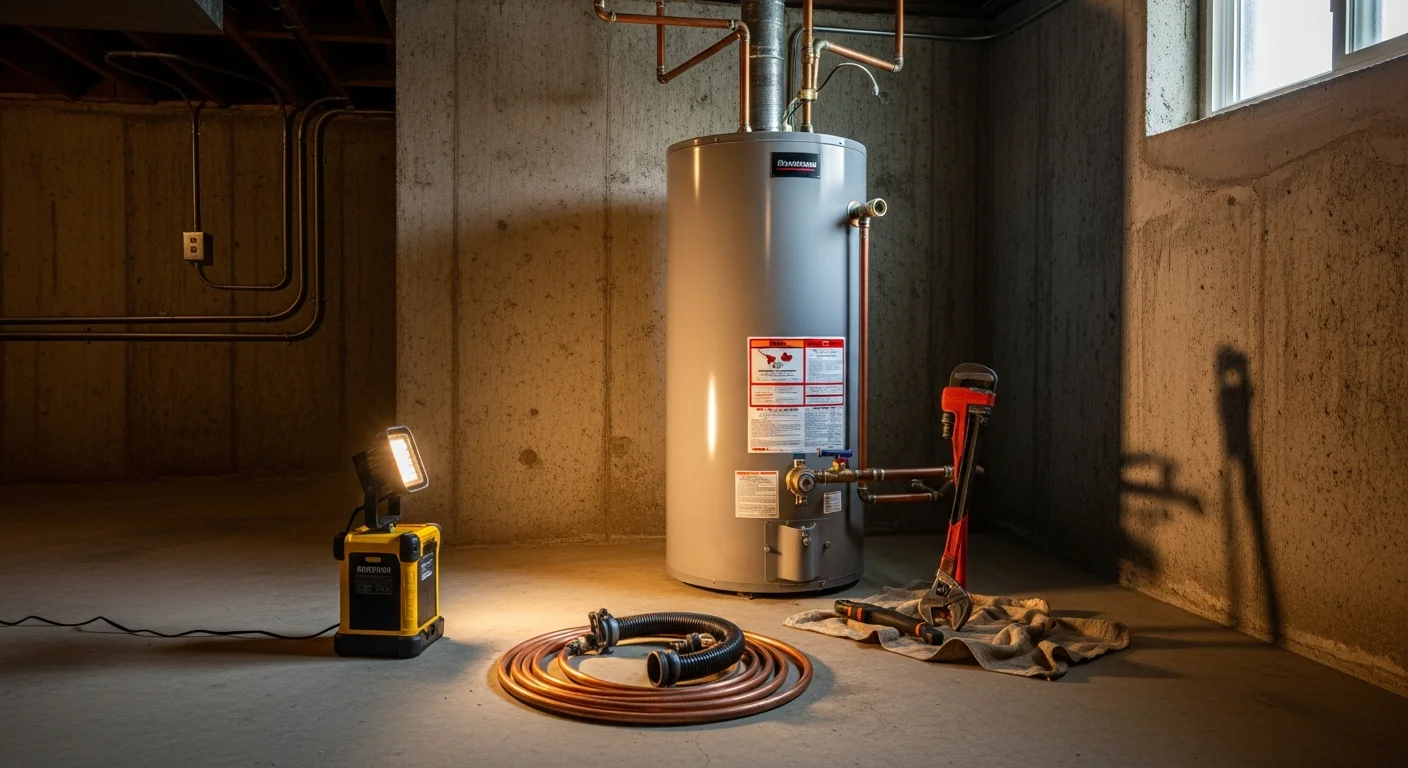A newly installed water heater in the utility room of a single-family home in the Downriver Area, MI. A Bennies Plumbing plumber stands beside the unit after completing the replacement.